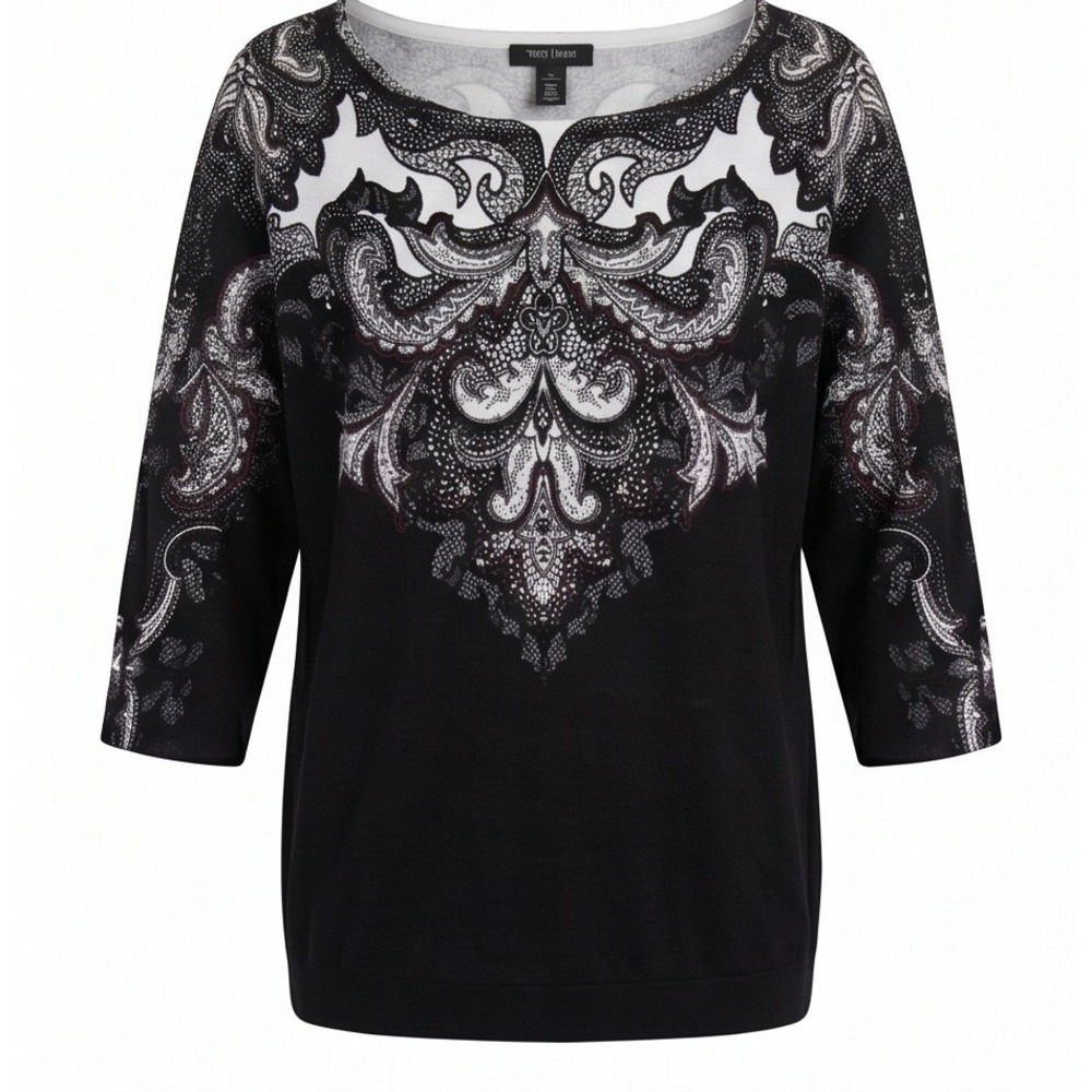 White House Black Market XL Paisley Pullover Sweater Black White‎ Red XL NWOT